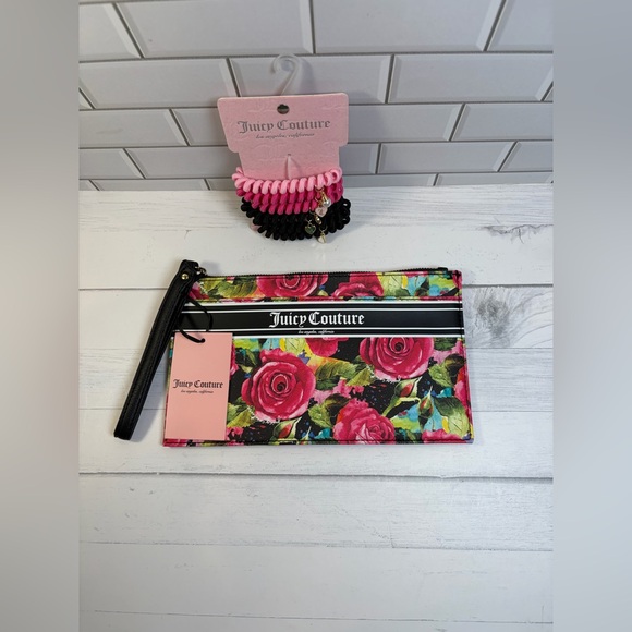 Juicy Couture  Gothic Logo Stripe Wristlet 9.75 x 5.5”/Ponytail Holder - Picture 14 of 16